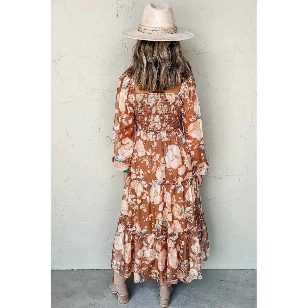 Brown Floral Print Shirred Square Neck High Waist Maxi Dress Dear lover