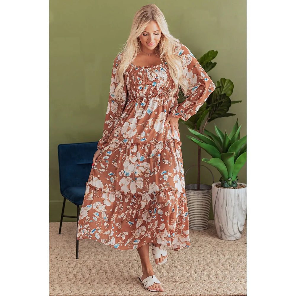 Brown Floral Print Shirred Square Neck High Waist Maxi Dress Dear lover
