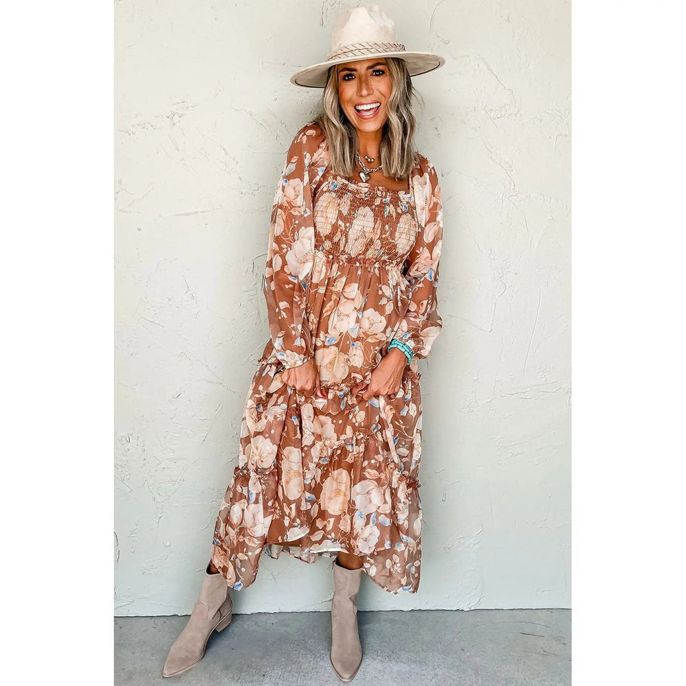 Brown Floral Print Shirred Square Neck High Waist Maxi Dress Dear lover