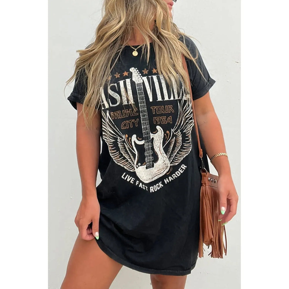 Black Nashville Guitar Print Crew Neck T Shirt Mini Dress Dear lover