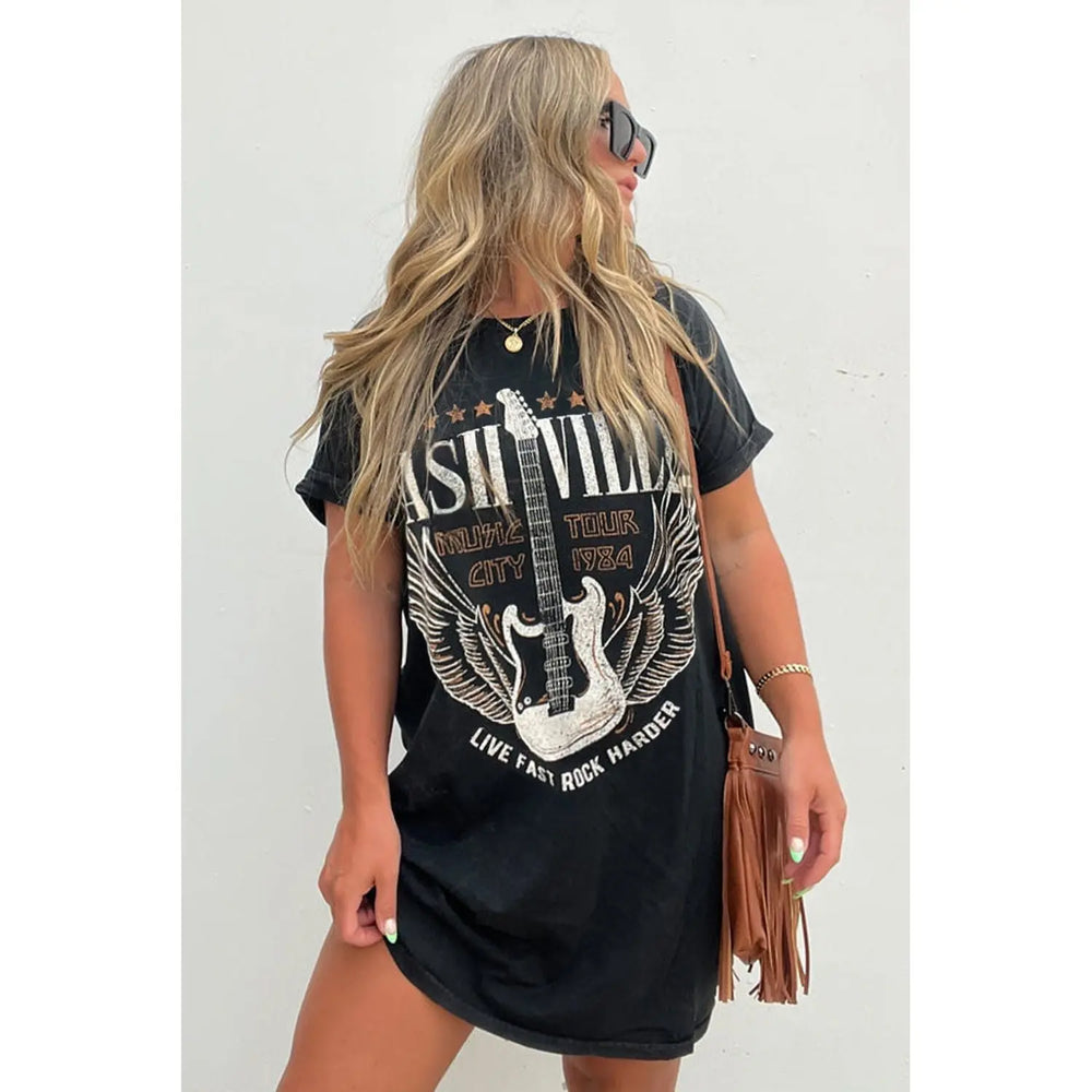 Black Nashville Guitar Print Crew Neck T Shirt Mini Dress Dear lover