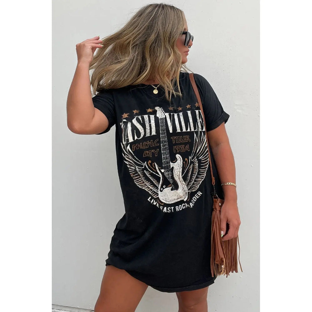 Black Nashville Guitar Print Crew Neck T Shirt Mini Dress Dear lover