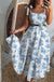 Sky Blue Floral Print Shirred Knot Shoulder Sleeveless Long Dress Dear lover
