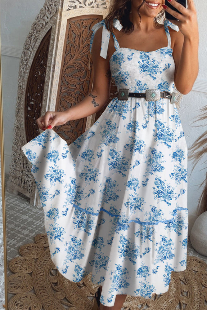 Sky Blue Floral Print Shirred Knot Shoulder Sleeveless Long Dress Dear lover