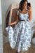 Sky Blue Floral Print Shirred Knot Shoulder Sleeveless Long Dress Dear lover