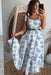 Sky Blue Floral Print Shirred Knot Shoulder Sleeveless Long Dress Dear lover