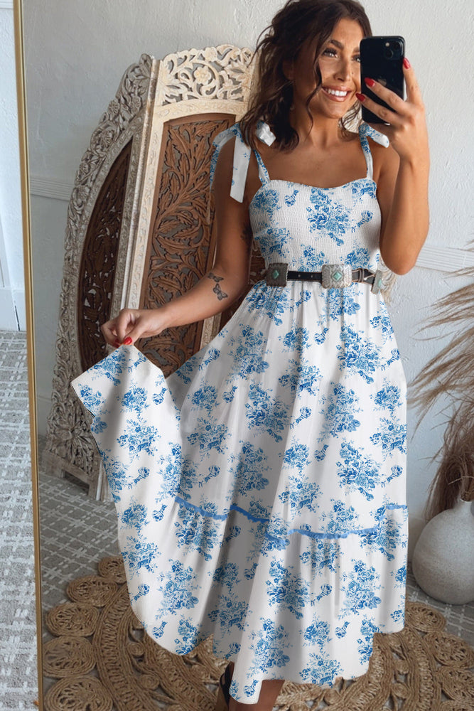 Sky Blue Floral Print Shirred Knot Shoulder Sleeveless Long Dress Dear lover
