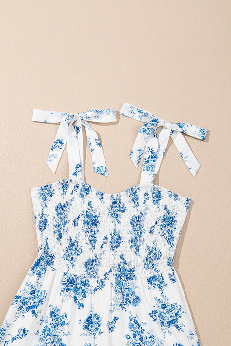 Sky Blue Floral Print Shirred Knot Shoulder Sleeveless Long Dress Dear lover