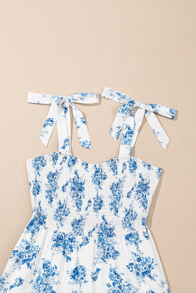 Sky Blue Floral Print Shirred Knot Shoulder Sleeveless Long Dress Dear lover