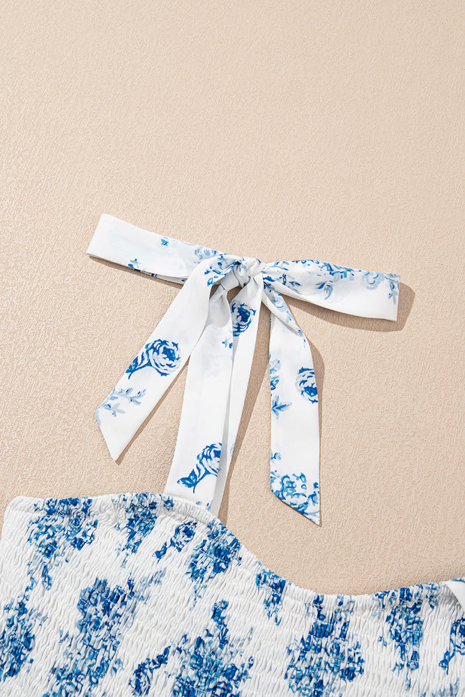 Sky Blue Floral Print Shirred Knot Shoulder Sleeveless Long Dress Dear lover