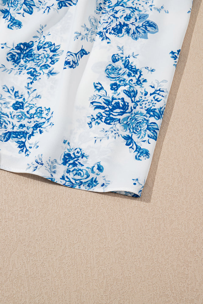 Sky Blue Floral Print Shirred Knot Shoulder Sleeveless Long Dress Dear lover