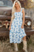Sky Blue Floral Print Shirred Knot Shoulder Sleeveless Long Dress Dear lover