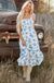 Sky Blue Floral Print Shirred Knot Shoulder Sleeveless Long Dress Dear lover