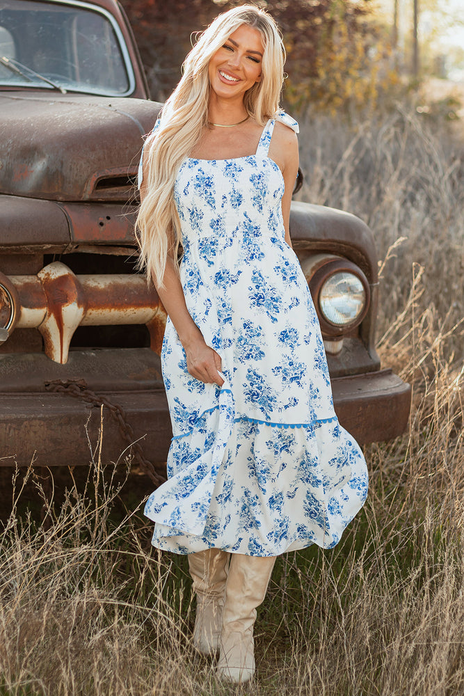 Sky Blue Floral Print Shirred Knot Shoulder Sleeveless Long Dress Dear lover