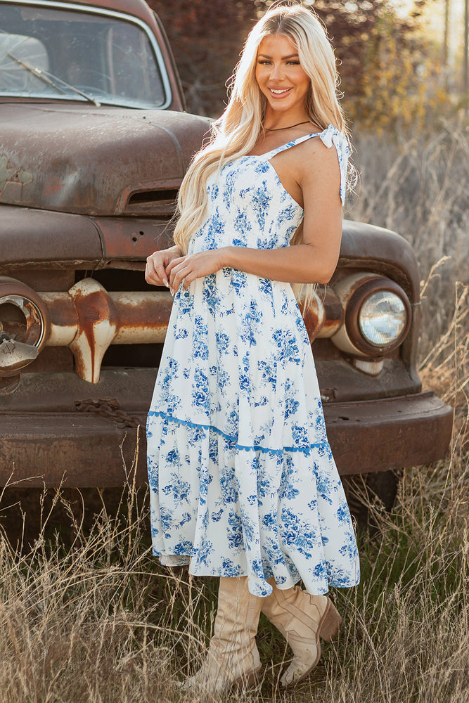 Sky Blue Floral Print Shirred Knot Shoulder Sleeveless Long Dress Dear lover