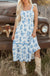 Sky Blue Floral Print Shirred Knot Shoulder Sleeveless Long Dress Dear lover