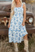 Sky Blue Floral Print Shirred Knot Shoulder Sleeveless Long Dress Dear lover