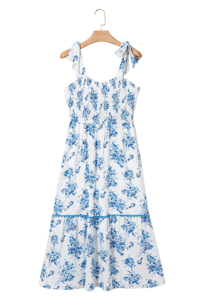 Sky Blue Floral Print Shirred Knot Shoulder Sleeveless Long Dress Dear lover