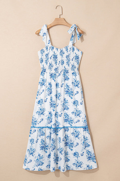 Sky Blue Floral Print Shirred Knot Shoulder Sleeveless Long Dress Dear lover