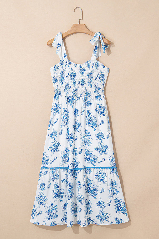 Sky Blue Floral Print Shirred Knot Shoulder Sleeveless Long Dress Dear lover