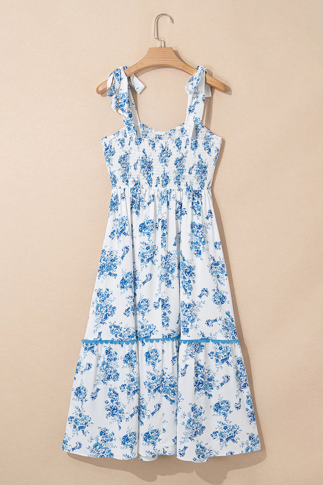 Sky Blue Floral Print Shirred Knot Shoulder Sleeveless Long Dress Dear lover