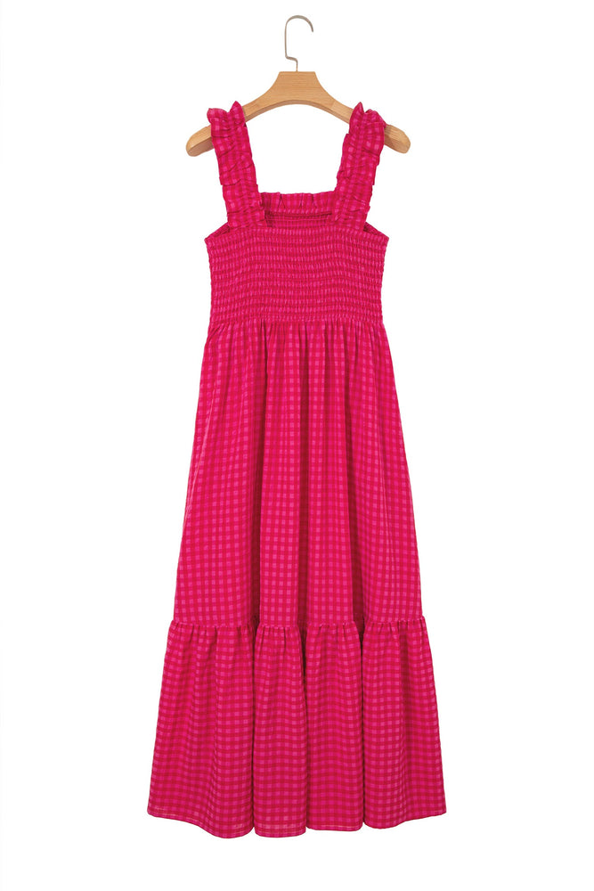 Red Plaid Square Neck Fit-and-flared Vacation Sundress Dear lover
