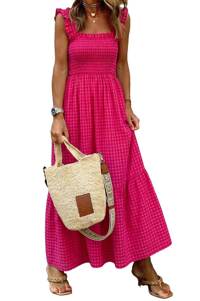 Red Plaid Square Neck Fit-and-flared Vacation Sundress Dear lover