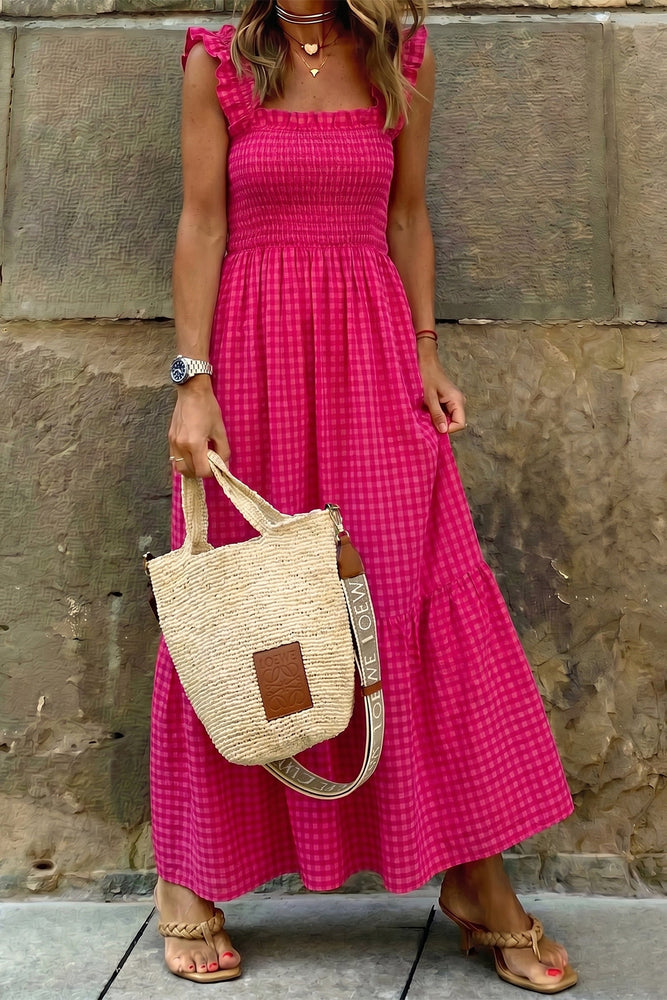 Red Plaid Square Neck Fit-and-flared Vacation Sundress Dear lover