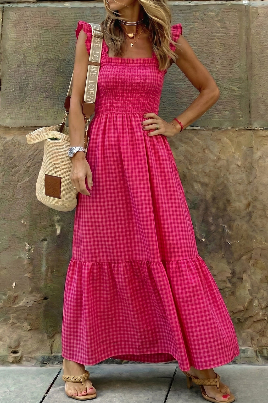 Red Plaid Square Neck Fit-and-flared Vacation Sundress