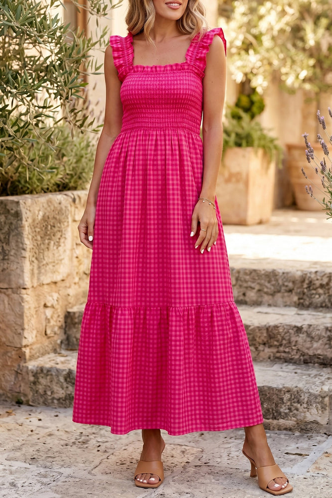 Red Plaid Square Neck Fit-and-flared Vacation Sundress Dear lover