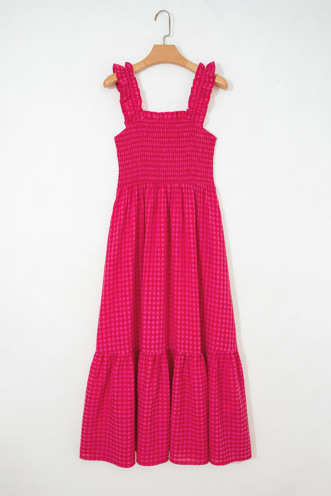 Red Plaid Square Neck Fit-and-flared Vacation Sundress Dear lover