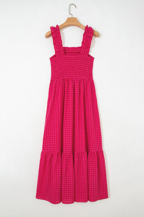 Red Plaid Square Neck Fit-and-flared Vacation Sundress Dear lover