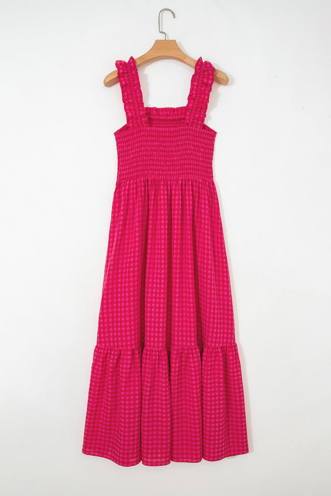Red Plaid Square Neck Fit-and-flared Vacation Sundress Dear lover