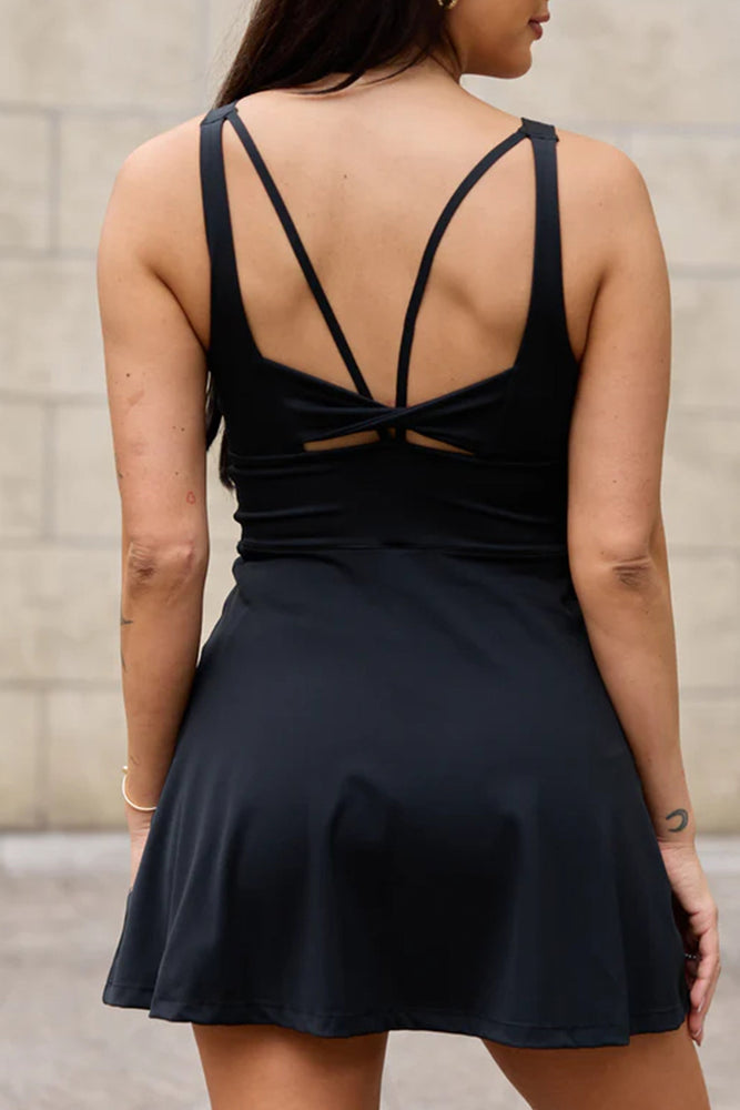 Black Twisted Strappy Back Active Mini Dress with Shorts Dear lover