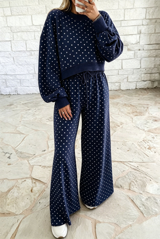 Blue Polka Dot Drawstring Long Sleeve Top & Wide Leg Pants Set