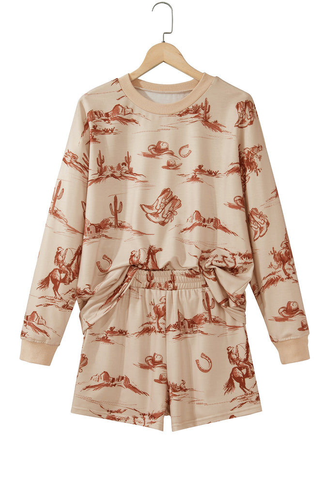 Beige western print shorts set view 15