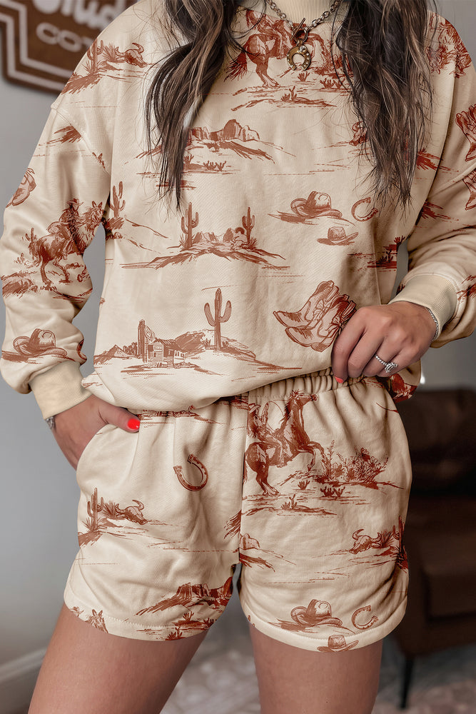 Beige western print shorts set view 1