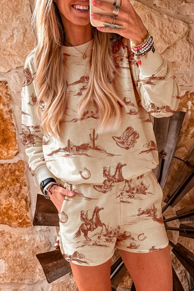 Beige western print shorts set view 4