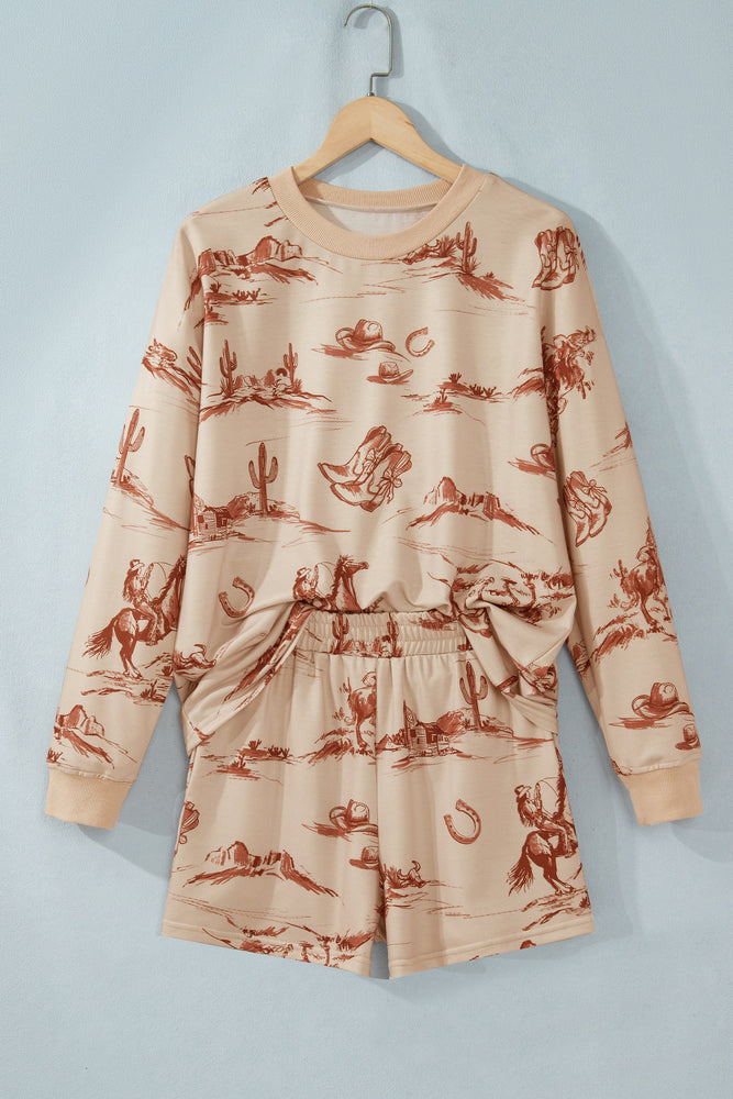 Beige western print shorts set view 5