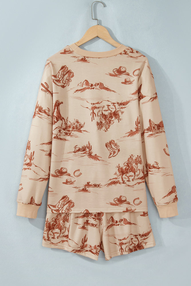 Beige western print shorts set view 6