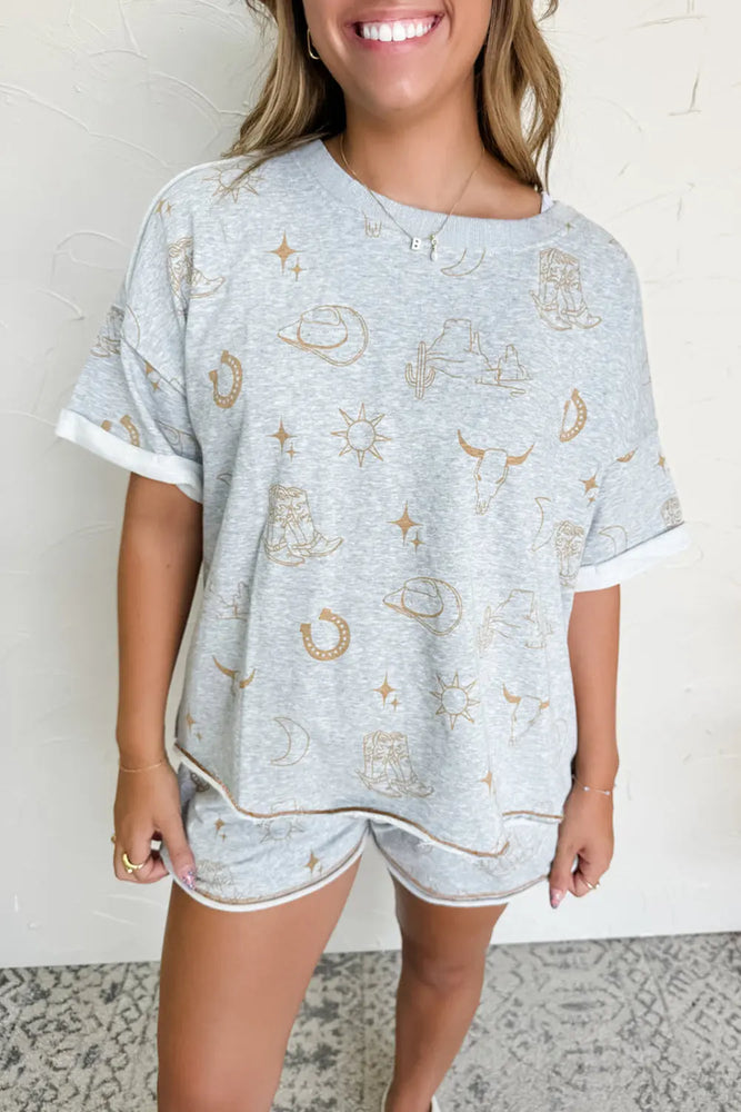 Gray Western Fashion Tee & Elastic Waist Shorts Set Dear lover