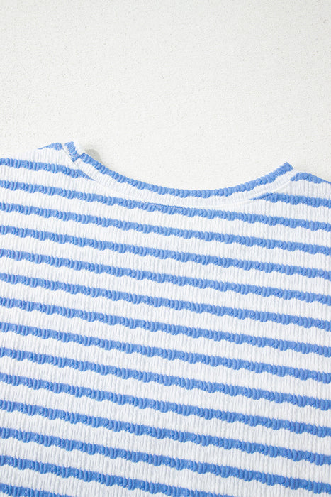 Sky Blue Stripe Knitted Short Sleeve Top and Drawstring Shorts Set Dear lover