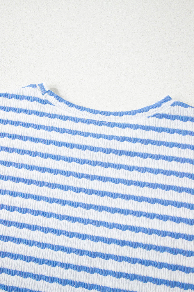 Sky Blue Stripe Knitted Short Sleeve Top and Drawstring Shorts Set Dear lover