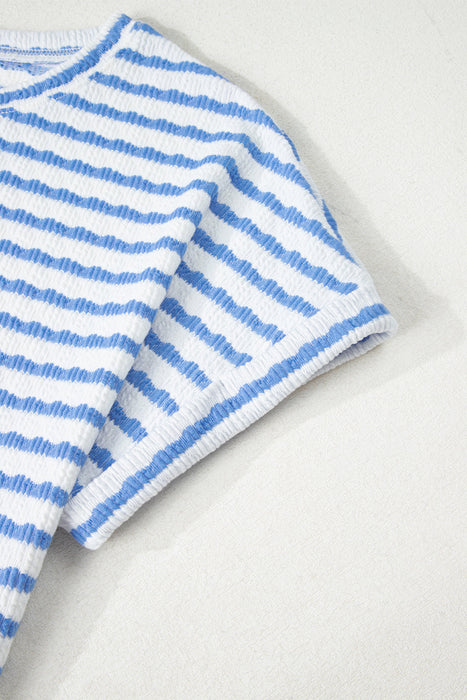 Sky Blue Stripe Knitted Short Sleeve Top and Drawstring Shorts Set Dear lover