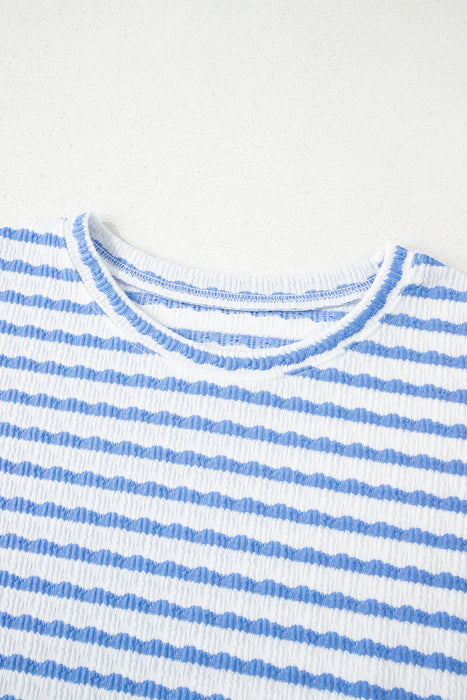 Sky Blue Stripe Knitted Short Sleeve Top and Drawstring Shorts Set Dear lover