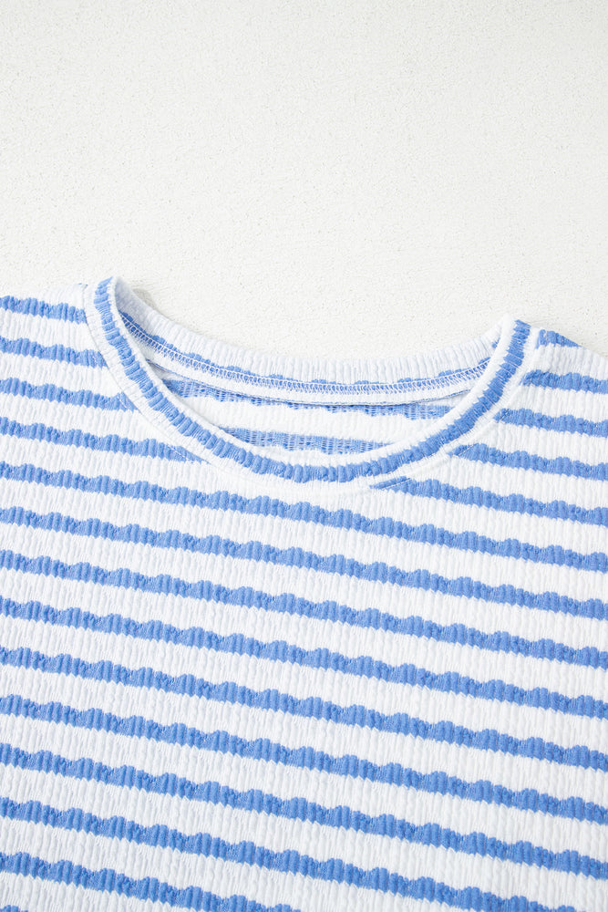 Sky Blue Stripe Knitted Short Sleeve Top and Drawstring Shorts Set Dear lover
