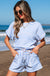 Sky Blue Stripe Knitted Short Sleeve Top and Drawstring Shorts Set Dear lover
