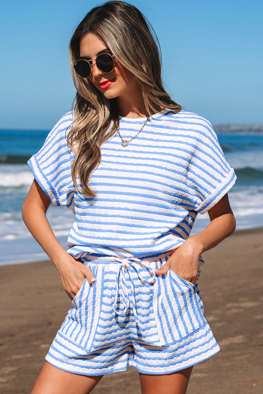 Sky Blue Stripe Knitted Short Sleeve Top and Drawstring Shorts Set Dear lover