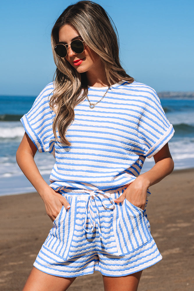 Sky Blue Stripe Knitted Short Sleeve Top and Drawstring Shorts Set Dear lover
