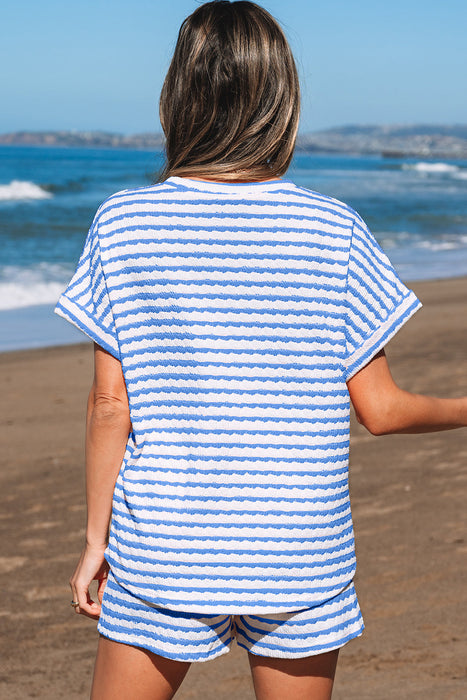 Sky Blue Stripe Knitted Short Sleeve Top and Drawstring Shorts Set Dear lover
